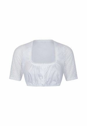 Weiße, bauchfreie Bluse mit kurzen Spitzenärmeln, eckigem Ausschnitt, zwei Knöpfen vorn und gerafftem Stoff am Saum.