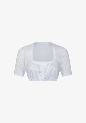 Weiße, bauchfreie Bluse mit kurzen Spitzenärmeln, eckigem Ausschnitt, zwei Knöpfen vorn und gerafftem Stoff am Saum.