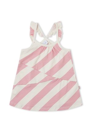 Vestido sin mangas para niño pequeño con rayas diagonales rosas y crema, tirantes con volantes en los hombros y tirantes cruzados en la espalda.