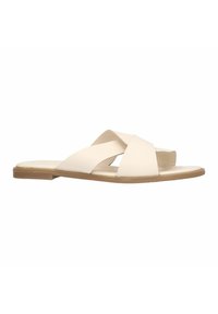 Beige slide sandals with crossed straps, made of smooth synthetic material, flat sole, and a subtle tan accent along the edge.