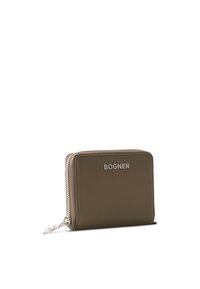 Billetera de cuero marrón con acabado texturizado, cierre de cremallera plateada y logotipo en relieve "BOGNER" en la parte frontal. Forma rectangular compacta.