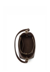Brown leather handbag with a rounded shape, featuring gold zipper hardware, a single adjustable strap, and a soft interior lining.