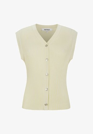 Maglia gialla chiaro a coste con scollo a V, maniche corte e cinque bottoni sul davanti. Presenta una sottile texture verticale.