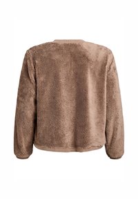 Veste en molleton brun avec des manches longues, un col rond et une texture douce. Présente un ourlet et des poignets côtelés pour un ajustement confortable.