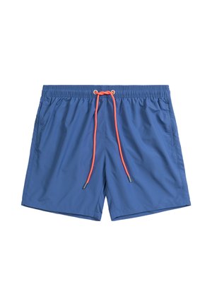 Niebieskie kąpielówki z elastycznym paskiem w talii, pomarańczowym sznurkiem i bocznymi kieszeniami. Gładki materiał o luźnym kroju, bez wzorów i detali sprzętowych.