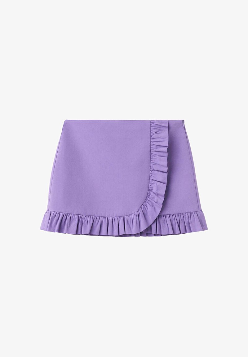 Jupe portefeuille lilas avec bordure à volants le long du rabat avant incurvé et de l'ourlet, réalisée en tissu lisse.