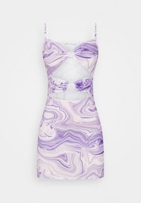 Paarse en witte gemarmerde minijurk met spaghettibandjes, uitsnijdetails en ronde accenten op de taille, gemaakt van een soepele stof.