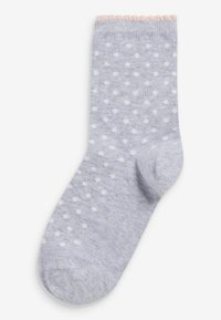 Grau gepunktete Socke mit pinkem Rippbündchen, das weiße Punkte auf einer weichen Textur zeigt. Volle Fußabdeckung mit abgerundeter Zehe.