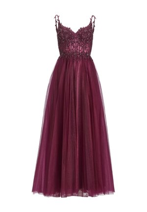 Burgundy evening gown featuring a fitted bodice with floral bead embellishments and a flowing tulle skirt. Adjustable straps complete the design.