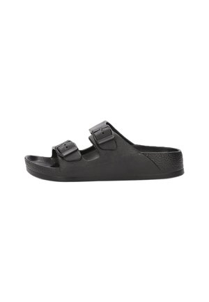 Sandalia negra moldeada con dos correas ajustables, plantilla texturizada y suela duradera. Acabado suave con un diseño simple y minimalista.