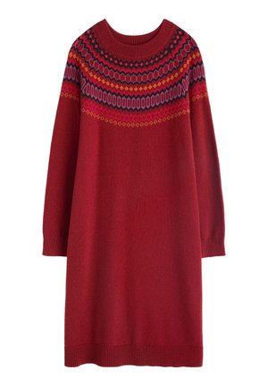 Sarkana svārku kleita ar apaļu izgriezumu, garām piedurknēm un rakstainu jostu purpursarkanā, rozā un oranžā krāsā. Mīksta tekstūra, ribota apakšmalu un piedurkņu mala.