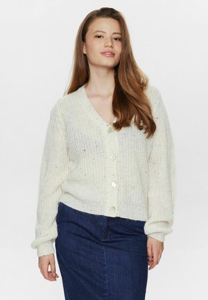 Lightweight, cream-colored cardigan with a v-neck, long sleeves, and round buttons. Features a textured knit with multicolored specks.