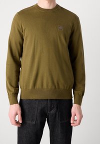 Pull en tricot vert olive avec un col rond, des poignets et un ourlet côtelés, arborant un écusson logo marron sur la poitrine.