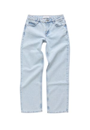 Hellblaue Denim-Jeans mit einem geraden Bein-Design, Fronttaschen und einem standardmäßigen Knopfverschluss. Mit sichtbarem Stitching-Detail.