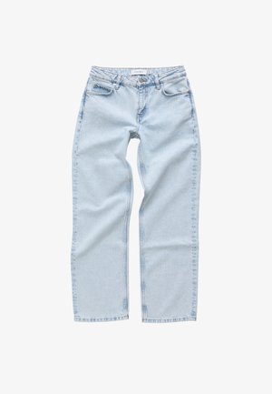 Hellblaue Denim-Jeans mit einem geraden Bein-Design, Fronttaschen und einem standardmäßigen Knopfverschluss. Mit sichtbarem Stitching-Detail.