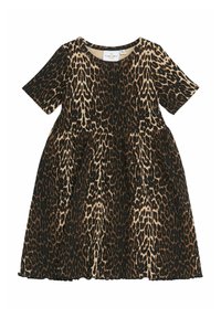 Šaty s leopardím potiskem, krátkými rukávy, kulatým výstřihem, rozšířenou sukní a elastickým pasem. Obsahují odstíny hnědé a černé.