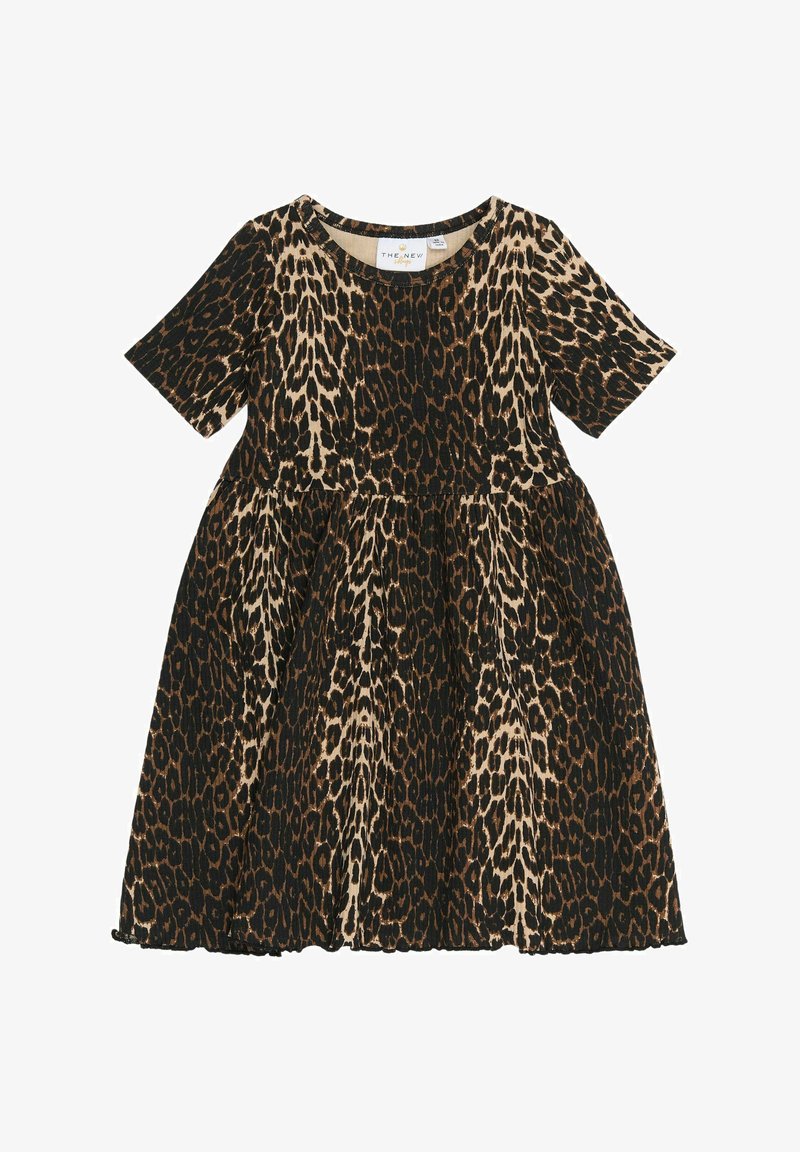 Leparda raksta kleita ar īsām piedurknēm, apaļu apkakli, izplešamu svārku un elastīgu vidukli. Satur brūnus un melnus toņus.