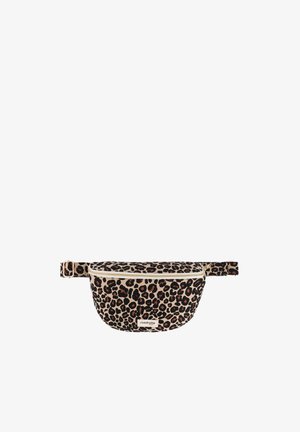 Leopard print fanny pack with a beige background, textured fabric, gold zipper, and adjustable strap. Features a logo patch on the front.