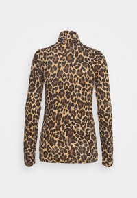 Dlouhý top s leopardím vzorem v odstínech hnědé a černé, s vysokým límcem a hladkou, lehkou tkaninou.