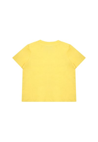 T-shirt giallo a maniche corte realizzato in morbido cotone. Presenta un collo a giro e un colore uniforme con una texture liscia.
