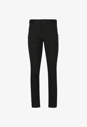 Sorte performancebukser lavet af strækbart stof, med lynlåslommer og slim fit design. Forstærkede knæ for holdbarhed.