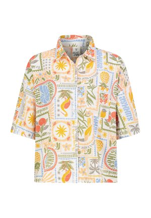 Kurzärmeliges Hemd mit Knopfleiste und bunten tropischen sowie floralen Druckmotiven in Gelb, Blau, Orange und Grün auf weißem Hintergrund.