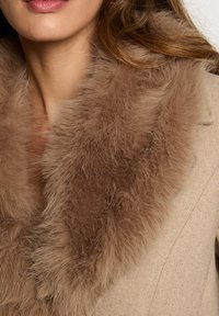 Cappotto beige con un morbido e soffice colletto di pelliccia marrone. La pelliccia ha un aspetto testurizzato, che si combina con il tessuto liscio del cappotto.