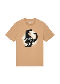 Beige katoenen T-shirt met korte mouwen, met een zwarte dinosaurusafbeelding en de tekst "PAPA SAURUS" op een witte spetterachtergrond.