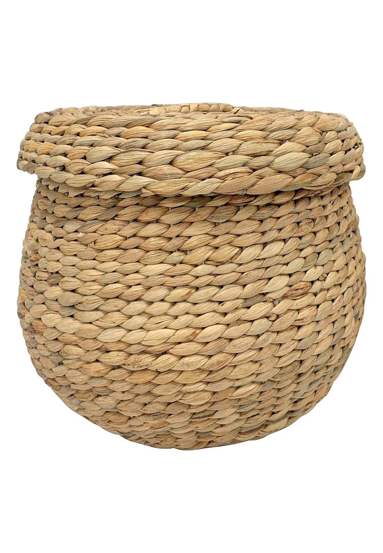 Panier de rangement naturel tissé, en forme circulaire avec un sommet arrondi. Fabriqué en fibres entrelacées de couleur beige, présentant une surface texturée.