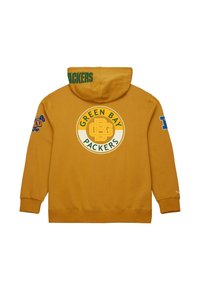 Felpa dorata con un logo circolare anteriore che recita "GREEN BAY PACKERS." Presenta testo verde sul cappuccio e dettagli blu sulle maniche. Composizione in misto cotone.