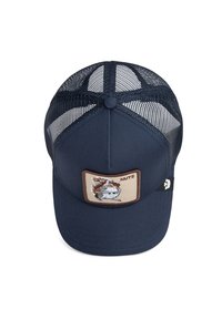 Marineblaue Trucker-Cap mit Netzpanels, einem runden oberen Knopf und einem Vorderpatch mit einem gestickten Eichhörnchen und dem Text "NUTS".