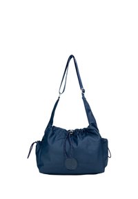 Borsa in nylon blu navy con cima arricciata, tracolla regolabile, dettagli ricamati e una patch rotonda con logo sulla parte anteriore.