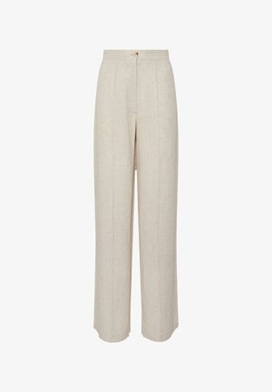 Beige linnedragt med høj talje, med en front knaplukning, to sidelommer og et afslappet, lige ben-design.