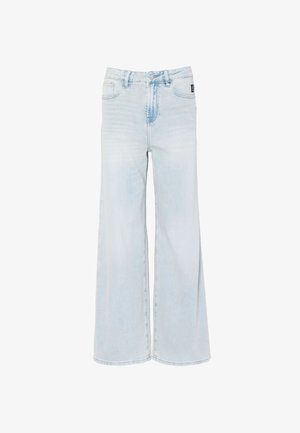 Jasnoniebieskie dżinsy o szerokich nogawkach. Wykonane z denimu. Posiadają wysoki stan, pięć kieszeni i subtelne wyblakłe wykończenie. Wzmocnione szwy wzdłuż szwów.