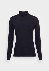 Schwarzes Rollkragenoberteil mit langen Ärmeln, aus weichem Material gefertigt. Verfügt über eine figurbetonte Silhouette und ein hohes Kragen-Design. Keine sichtbaren Muster oder Akzente.