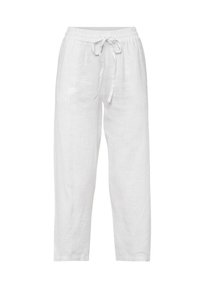 Pantalons en lin blancs avec une taille élastique et un cordon de serrage, présentant une coupe ample et droite. Texture lisse; sans motifs visibles.