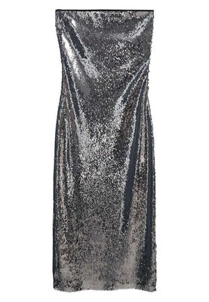 Trägerloses, bodenlanges Abendkleid aus silbernen Pailletten mit gerader Silhouette und schimmernder, strukturierter Oberfläche.