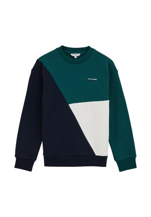 Felpa a blocchi di colore con colletto a girocollo, caratterizzata da pannelli verde scuro, blu navy e bianchi. Realizzata in cotone misto con una consistenza morbida.