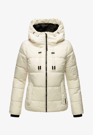 Padded jacket in cream color with a hood, featuring a front zipper, drawstring accents, and black lining. Smooth texture with quilted pattern.