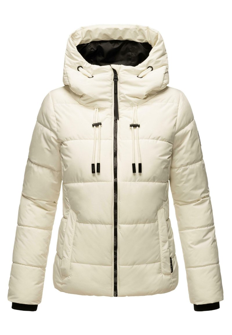 Padded jacket in cream color with a hood, featuring a front zipper, drawstring accents, and black lining. Smooth texture with quilted pattern.