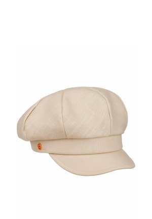 Beige linen newsboy cap with stitched panels, short curved brim, and small red circular emblem on the side band.