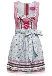 Robe vichy rouge et blanche avec tablier bleu clair fleuri, devant décoratif à lacets, boutons en forme de cœur et nœud noué à la taille.