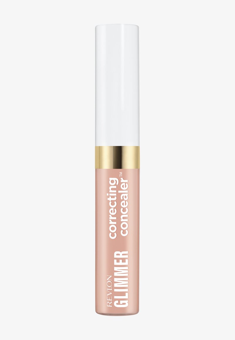 Correcteur correcteur Revlon Glimmer dans un tube beige clair avec un capuchon blanc et une bande d'accent dorée, étiqueté pour la couverture de la peau.
