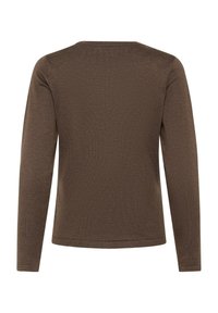 Long-sleeve, fitted shirt in soft brown fabric. Features a round neck, smooth texture, and simple design with no patterns or accents.
