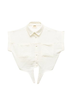 Weißes, kurz geschnittenes Shirt aus strukturiertem Stoff, mit kurzen Ärmeln, einer durchgeknöpften Vorderseite und zwei Brusttaschen. Hat einen v-förmigen Saum.