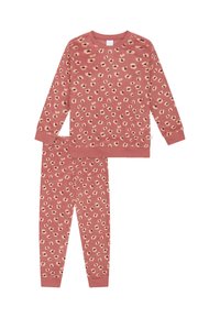 Leopardenmuster-Pyjama-Set aus weichem Rosastoff, bestehend aus einem langärmligen Oberteil und einer engen Hose, beide mit elastischen Bündchen und ähnlichen Mustern.