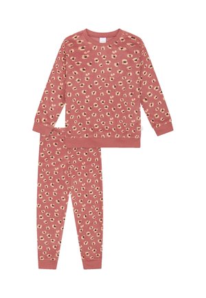 Leopardenmuster-Pyjama-Set aus weichem Rosastoff, bestehend aus einem langärmligen Oberteil und einer engen Hose, beide mit elastischen Bündchen und ähnlichen Mustern.