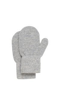 Graue gestrickte Handschuhe mit runder Form und gerippten Bündchen. Weiche Textur mit einer Mischung aus Fasern und einem dezenten Melange-Muster.