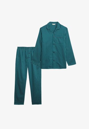 Teal langärmegem shirt met knopen en bijpassende elastische taillebroek, met een herhalend wit cirkelpatroon.