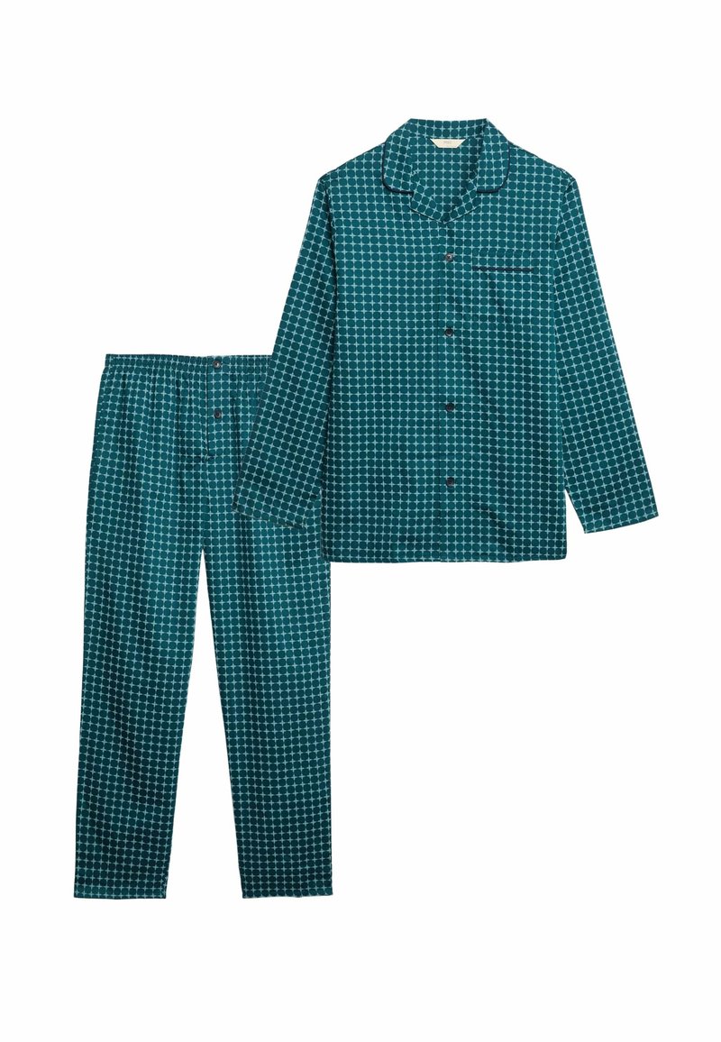 Turkusowa piżama z długim rękawem, zapinana na guziki, z pasującymi spodniami na gumce, z powtarzającym się białym okrągłym wzorem.